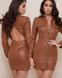 Vintage Lapel Backless Single-breasted Leather Mini Dresses