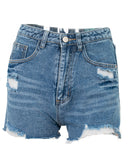 Pantalones cortos de mezclilla rasgados azul claro con flecos