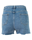Pantalones cortos de mezclilla rasgados azul claro con flecos
