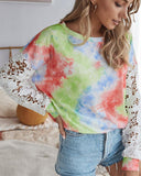 Lace Hollow-out Stitching Tie Dye Blouse T-shirt